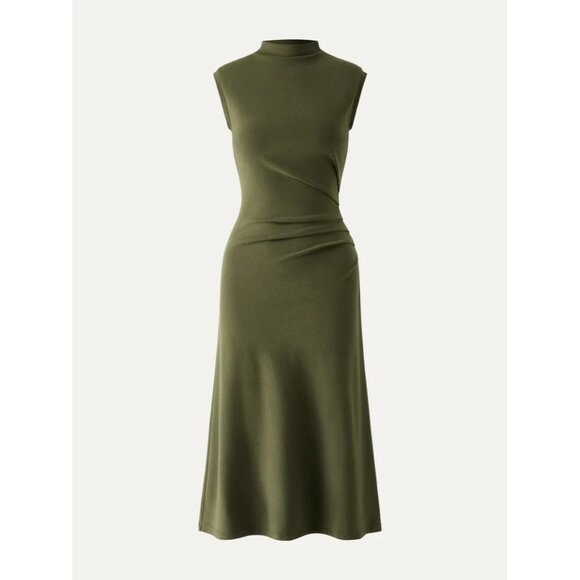 OGL Move Mockneck Tucks Slim Fit Midi Length Dress Ruched Olive Green Size M NEW - Picture 4 of 16